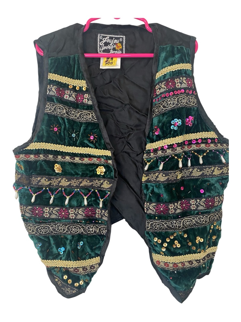 Embellished Dark Green Velvet Girls Vest - beads & Metallic Trim size medium 90s